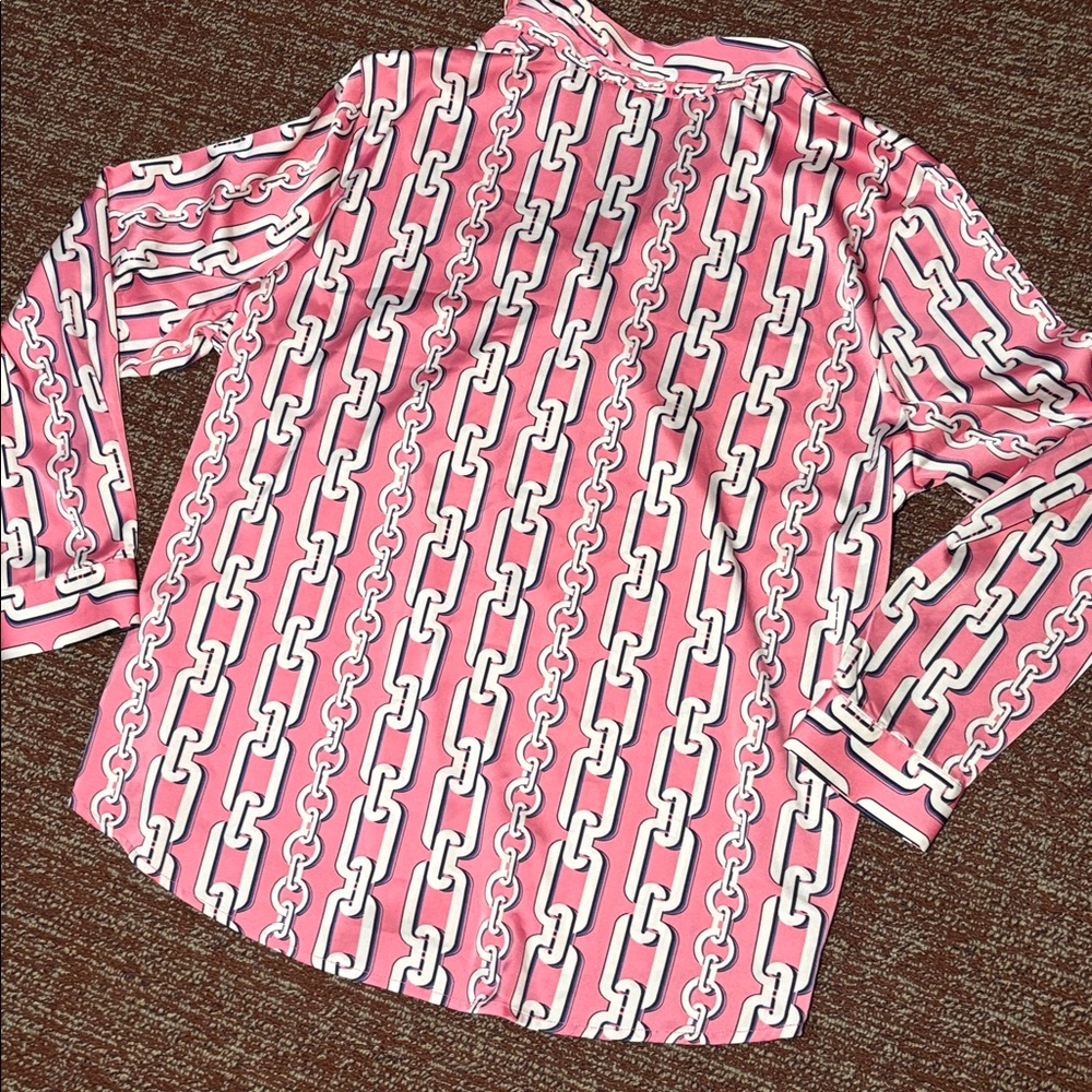 Maison d’ Amélie button down blouse pink Cuban chain link silky v veck - Picture 2 of 15